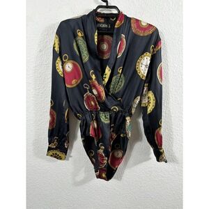 Vintage Escada by Margaretha Ley Bodysuit Womens 36 Black Silk Pocket Watch 80s